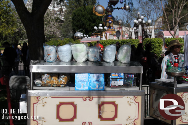 An Outdoor Vending Cart near the Corn Dog wagon/across from the Photo store features an assortment of Olaf Treats.