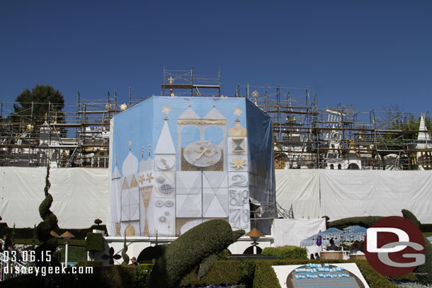 Work continues on the Small World facade.  Some of the tarps were down.  Not sure if it was wind related or because they are done.