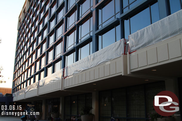 Work continues on the fall protection additions to the Disneyland Hotel