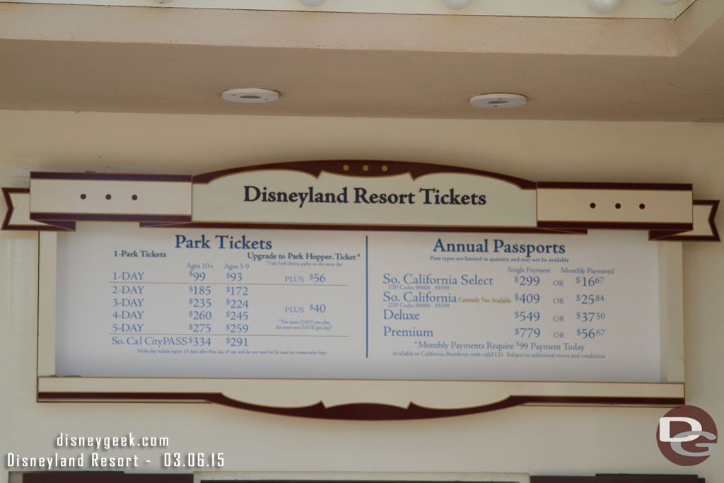 Since my lat visit prices have gone up.  Here are the current Disneyland Resort posted options/rates.