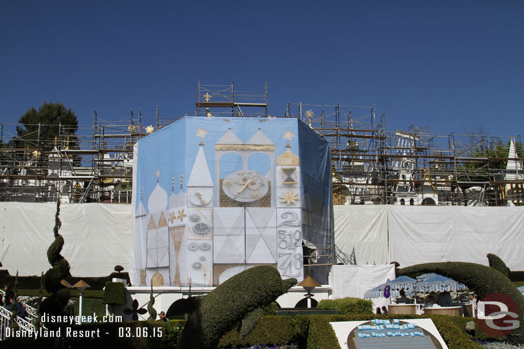 Work continues on the Small World facade.  Some of the tarps were down.  Not sure if it was wind related or because they are done.