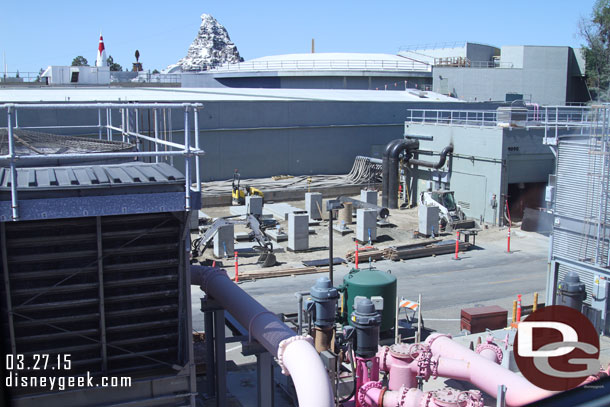 Work continues on the chiller placement backstage in Tomorrowland.