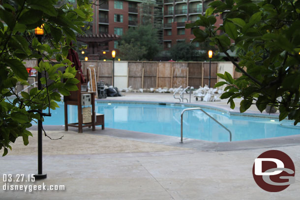 The pool closest to Storytellers (guess that is the North one) is walled off at the Grand Californian for some work.