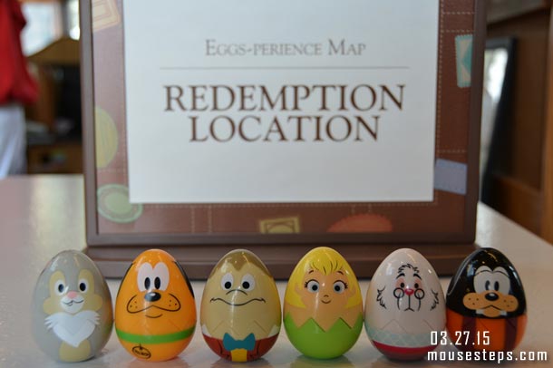 There are six eggs.  At Disneyland they did not have them out on display.  But our friends at MouseSteps.com took this picture at Epcot.  The prizes are the same on both coasts.  (Thank you Denise for letting me use the picture).  I am going to keep this picture set spoiler free.  So if you would like to see the hidden eggs and their locations I will be posting a separate picture set showing all 24 eggs at Disneyland & DCA.