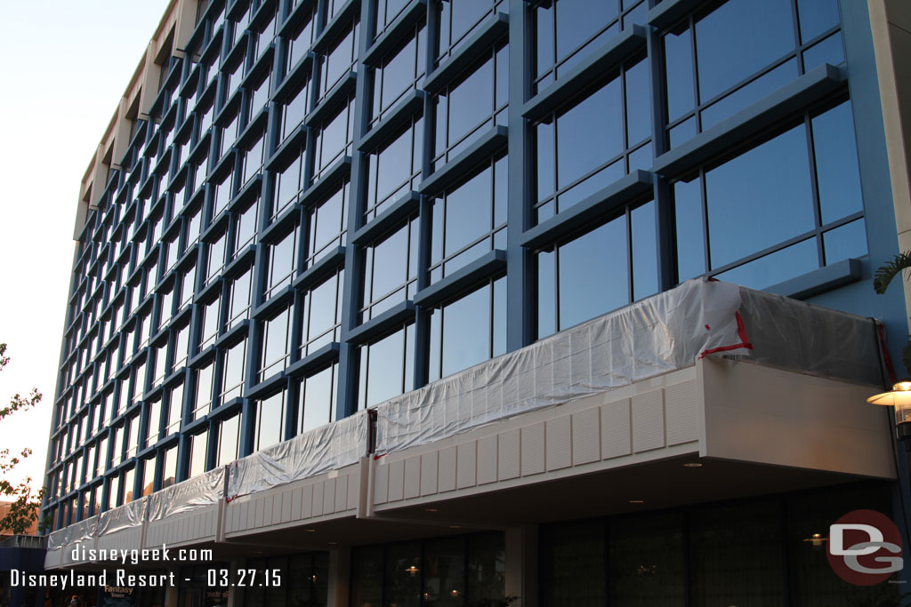 Work continues very slowly on the fall protection at the Disneyland Hotel