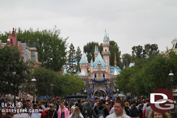 Most of the Disneyland 60th anniversary decorations are installed on Sleeping Beauty Castle now.