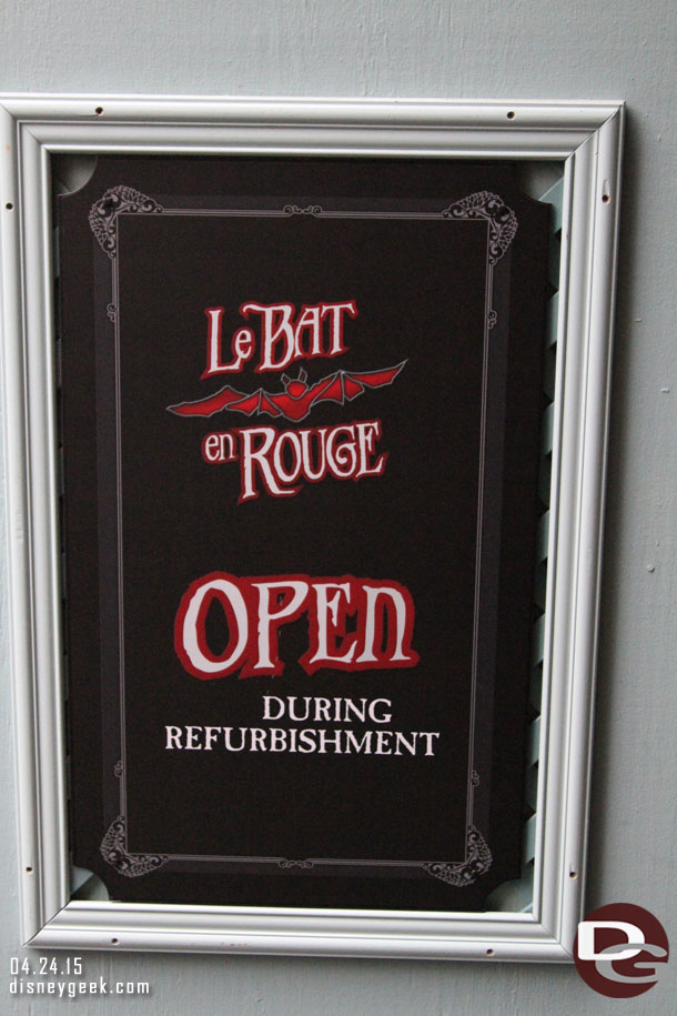 The facade for Le Bat en Rouge is being worked on, but the store is open.