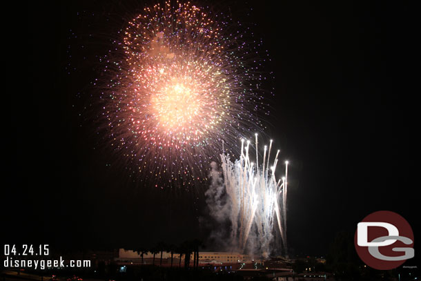 The finale to Fantasy in the Sky fireworks viewed from the Mickey and Friends Parking Structure.