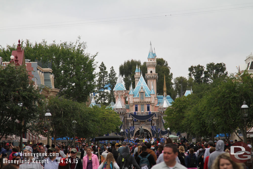 Most of the Disneyland 60th anniversary decorations are installed on Sleeping Beauty Castle now.