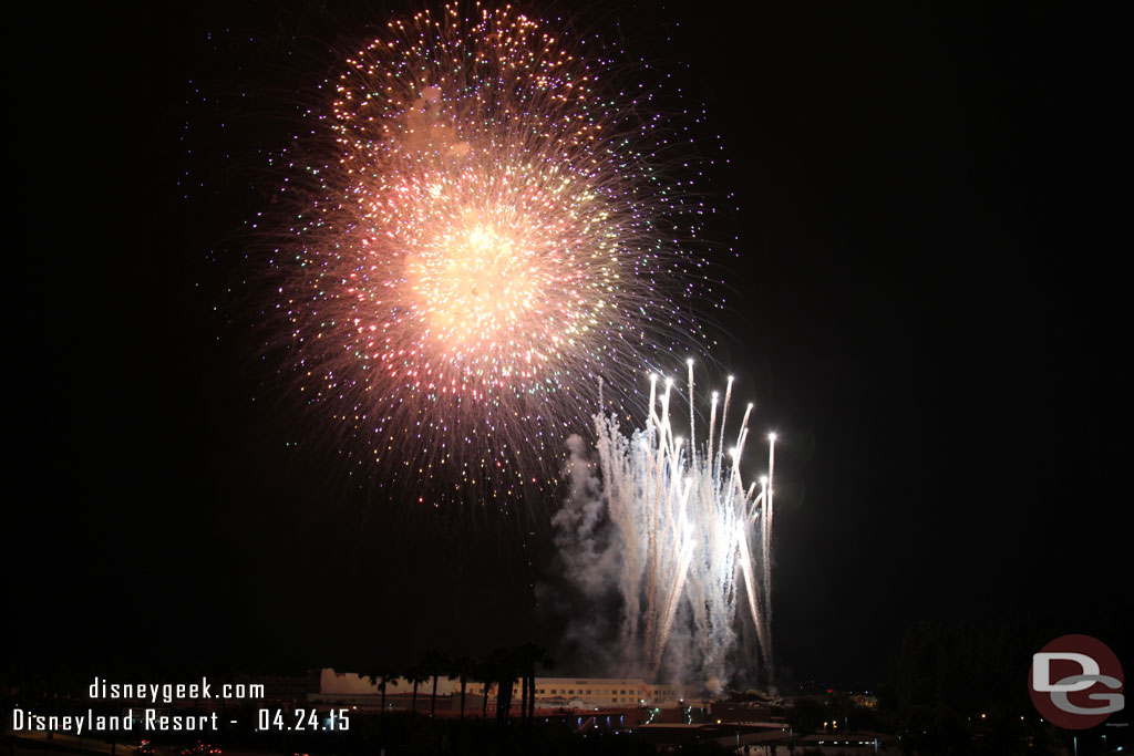 The finale to Fantasy in the Sky fireworks viewed from the Mickey and Friends Parking Structure.