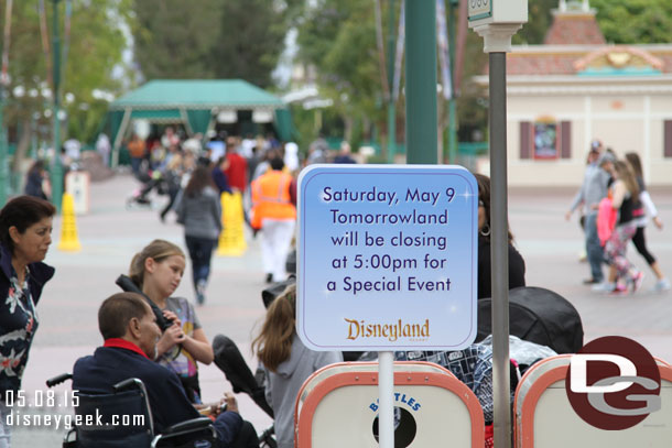 Because of the Tomorrowland movie premiere & after party on Saturday, Tomorrowland will be closing early for day guests.