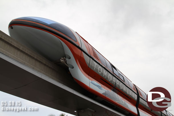 Caught a glimpse of a Monorail overhead.  It has a small wrap to promote the Tomorrowland movie.