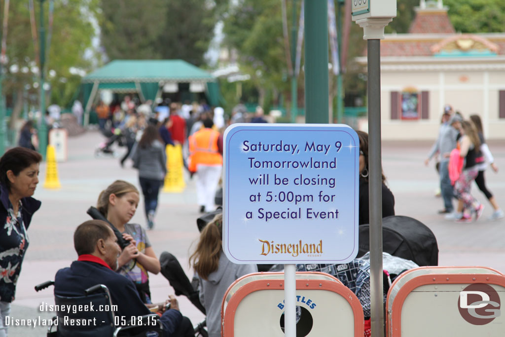 Because of the Tomorrowland movie premiere & after party on Saturday, Tomorrowland will be closing early for day guests.