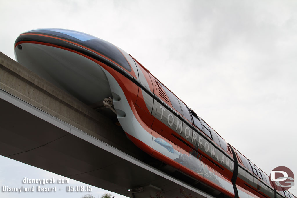 Caught a glimpse of a Monorail overhead.  It has a small wrap to promote the Tomorrowland movie.