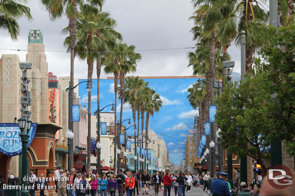 A look down Hollywood Blvd.  Frozen Fun banners still line the street.