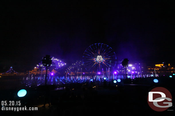 The lights are brought up for exit music and fountains still perform.