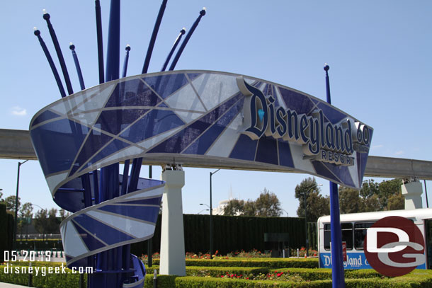 Arriving at the Disneyland Resort from Harbor Blvd.  The sign has been repainted and has 60th Anniversary diamond additions.