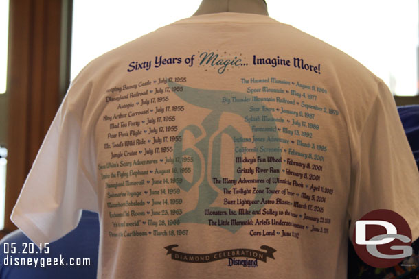 The back of this shirt with attraction openings is interesting at which ones were choosen and which were left off.  For example Soarin is not there but the fun wheel is and that was not the name when it opened.  And Cars Land by itself.. why not Toontown then?