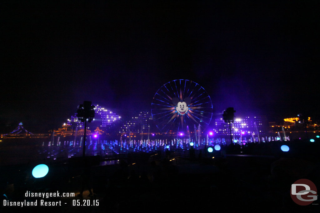 The lights are brought up for exit music and fountains still perform.