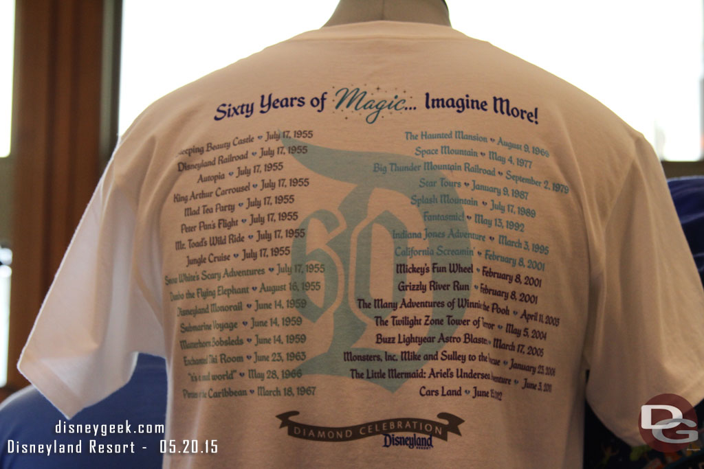 The back of this shirt with attraction openings is interesting at which ones were choosen and which were left off.  For example Soarin is not there but the fun wheel is and that was not the name when it opened.  And Cars Land by itself.. why not Toontown then?