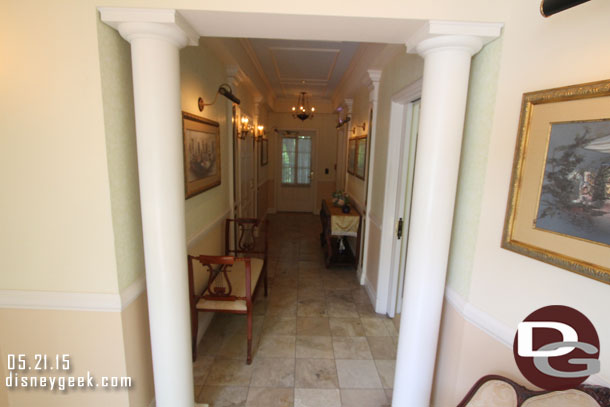 The entry way for the Dream Suite.  At the far end is the doorway that leads to the elevator you see from the Pirates queue/Tree house.  To the right is a room for Cast Members as well as a bathroom.  The suite entrance is to the left and the courtyard is behind me.