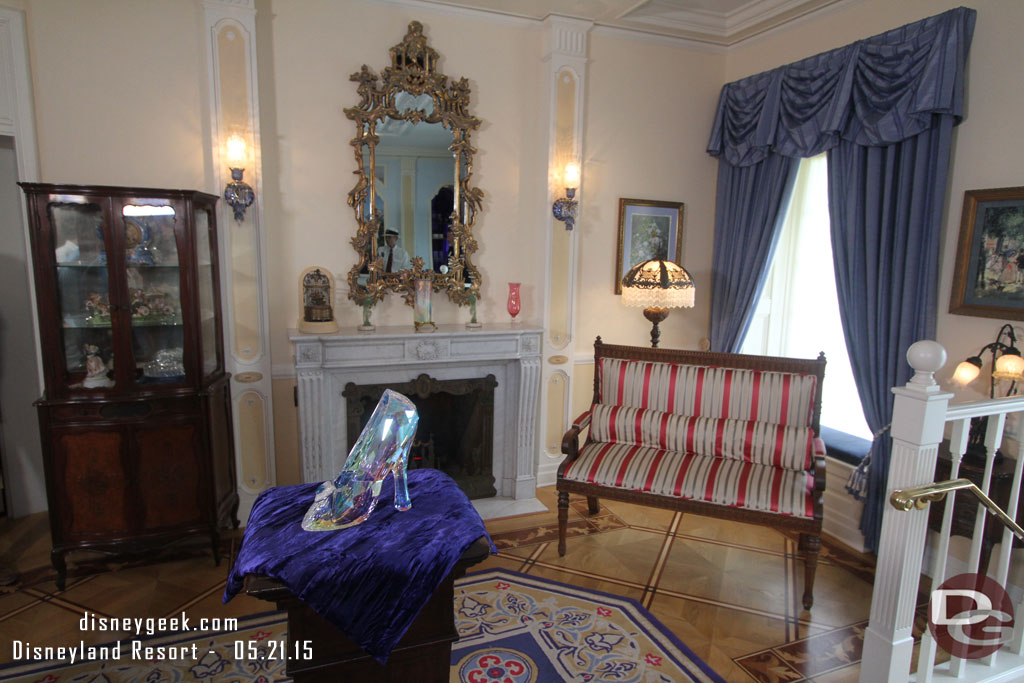 The interview session was supposed to be about the Diamond Days Sweepstakes but ours was cancelled.  We did get to see the crystal slipper which is valued at just under $30,000  (notice the security guard in the mirror standing right next to me).