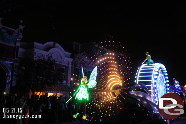 Tinker Bell followed by a large drum.  The drum is a new unit for Disneyland (vs Hong Kong)