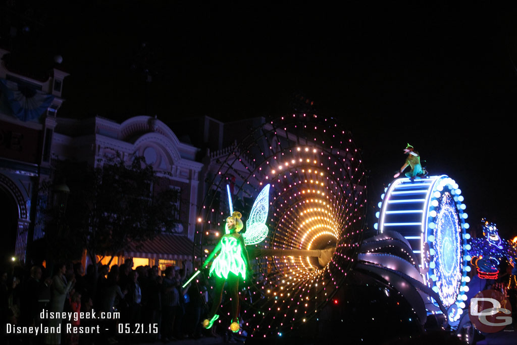 Tinker Bell followed by a large drum.  The drum is a new unit for Disneyland (vs Hong Kong)