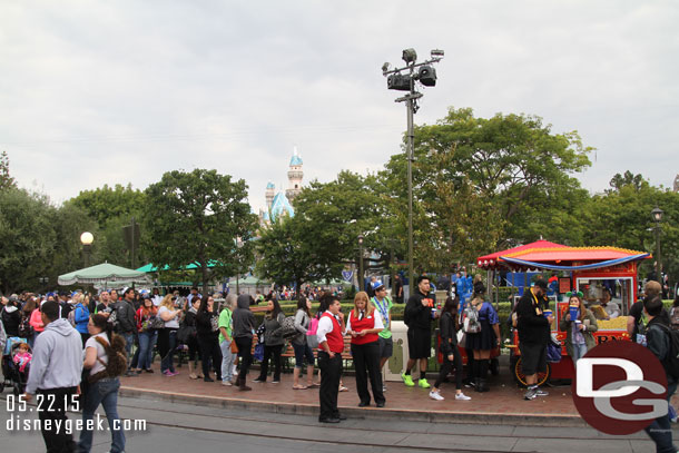 The popcorn cart in the hub was open and selling the new Balloon shaped buckets.. they had the blue one.   The line was massive at this hour.