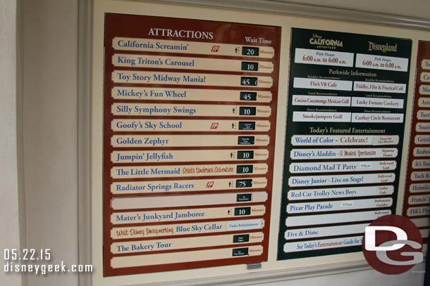 A check of the waits at 1:15pm before I returned to Disneyland for the remainder of the day.