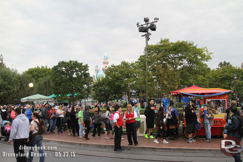 The popcorn cart in the hub was open and selling the new Balloon shaped buckets.. they had the blue one.   The line was massive at this hour.