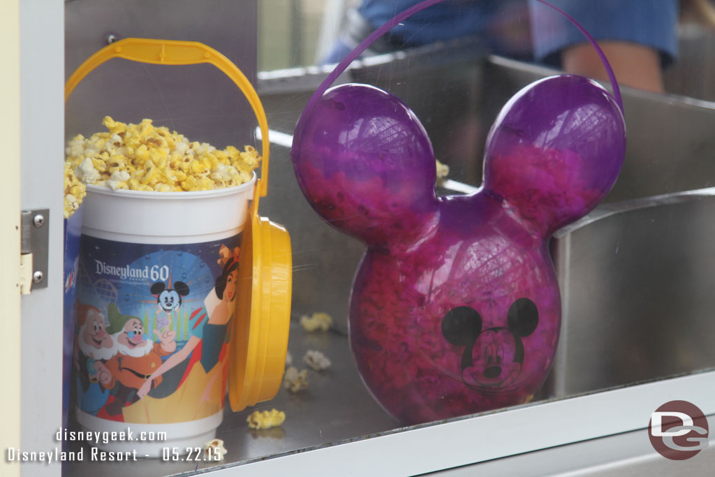 Purple balloon popcorn buckets out near the Fun Wheel.