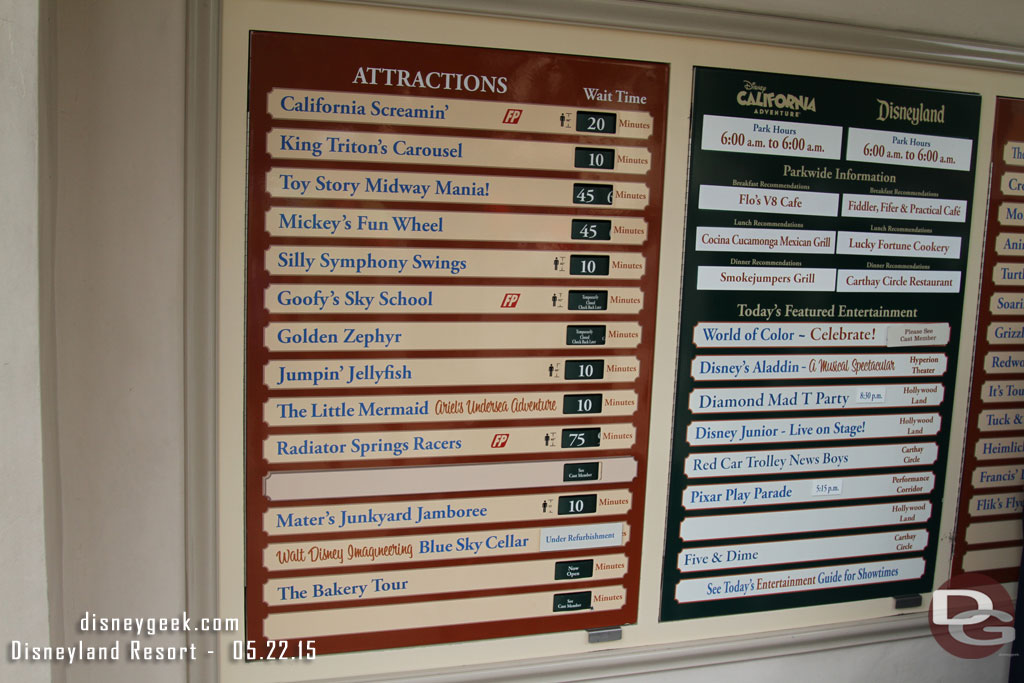 A check of the waits at 1:15pm before I returned to Disneyland for the remainder of the day.