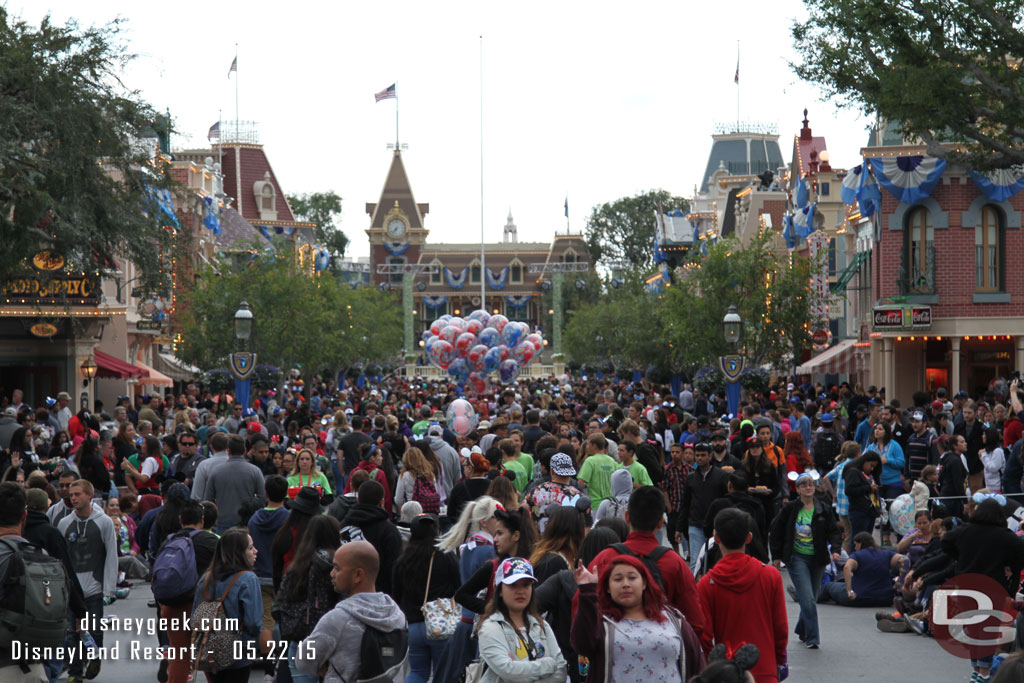 Main Street at 6:36pm.  A lot of guests moving about.  Also note the park was closed at this point.  They had halted all entry for several hours.