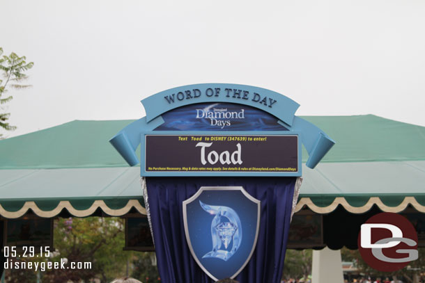 The word of the day on Friday was Toad.  They have large signs up at all the security tents and the Monorail station in Downtown Disney.  (I did not check but I am assuming there is one up at the Grand Californian entrance too).