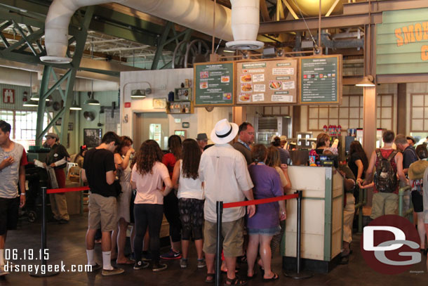 A tweak to the Smokejumpers Grill queues.. now barriers to help form the lines and show there are two sides.  Guests seemed to still go to one side only.