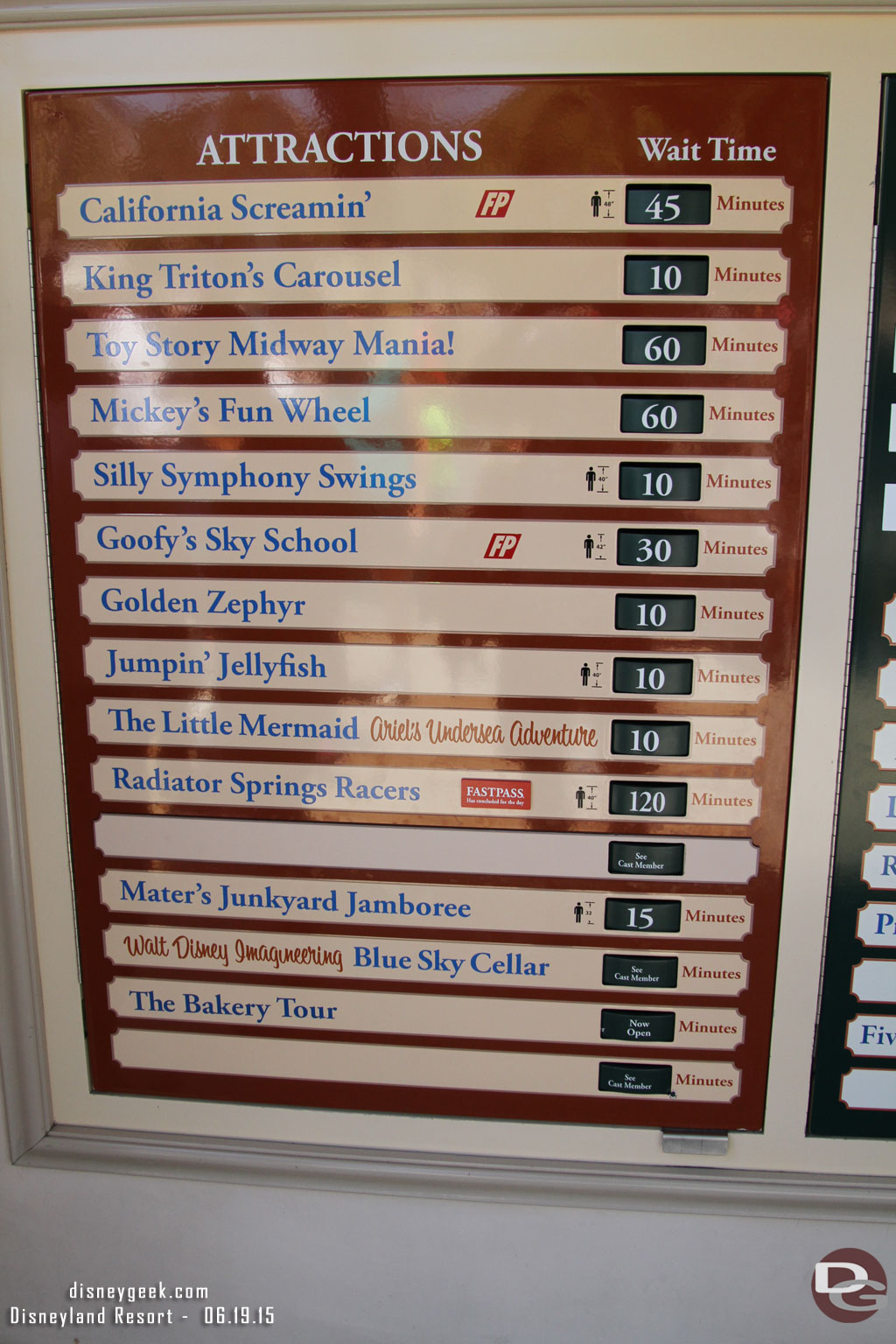 Disney California Adventure waits as of 1:30pm