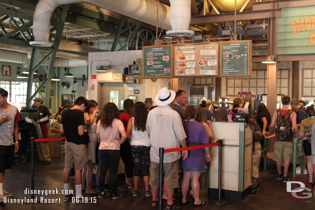 A tweak to the Smokejumpers Grill queues.. now barriers to help form the lines and show there are two sides.  Guests seemed to still go to one side only.