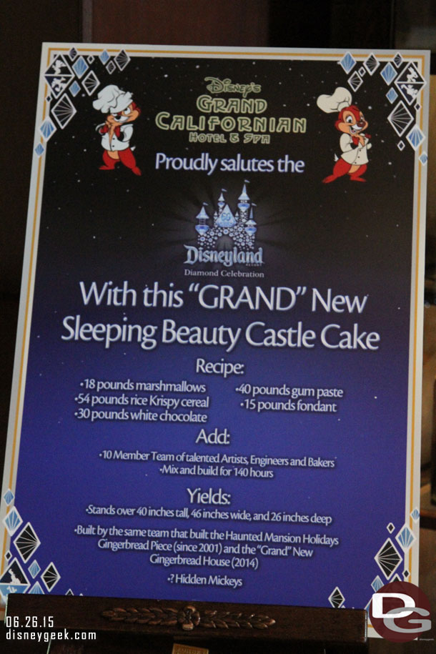 The lobby of the Grand Californian is hosting a Sleeping Beauty Castle Cake