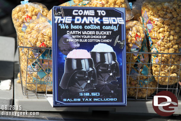 Darth Vader cotton candy buckets.  These have been around a while.. just do not remember taking a picture of the sign.