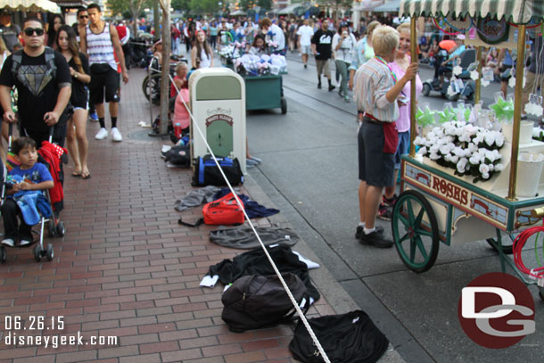 Two notes on this picture.. first is they made this area single file for parade viewing.. second guests just left their items to hold their spots.  I am guessing someone nearby is watching their stuff.