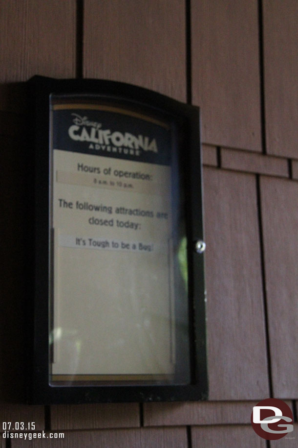 The Grand Californian entrance lists Tough to Be a Bug as closed.