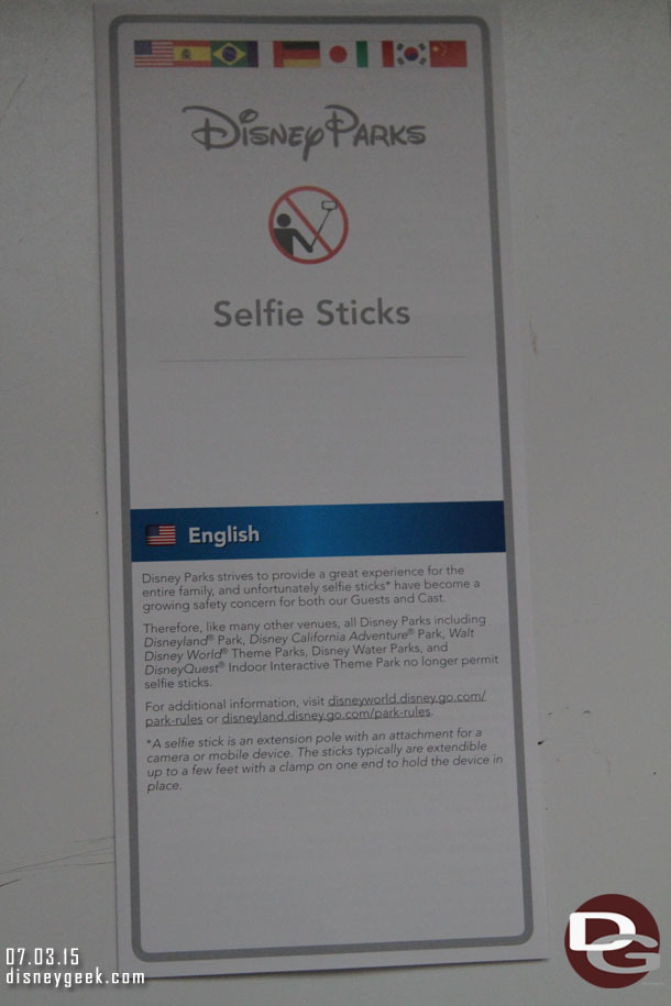 As you arrive at the Disneyland Resort they ask if you are aware of the Selfie Stick Ban and offer this handout at the parking lot toll booths.