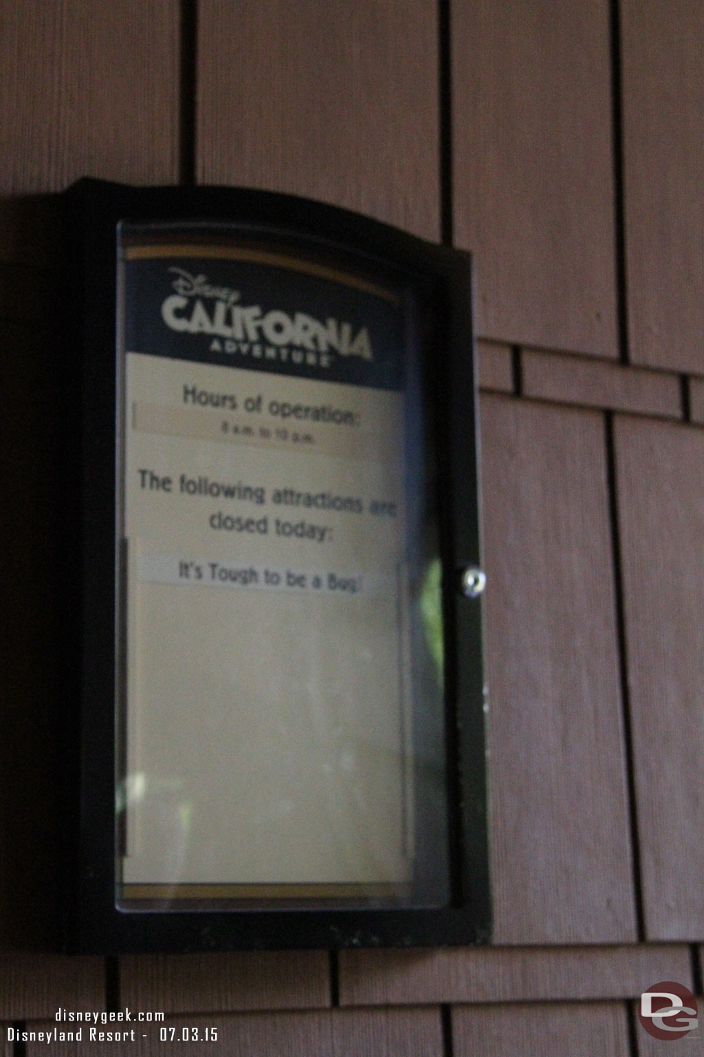 The Grand Californian entrance lists Tough to Be a Bug as closed.