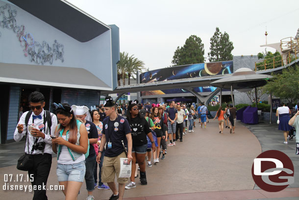 The line here stretched for quite a distance.  It was moving quickly but seems a lot of guests opted for the short walk to Tomorrowland over the other two locations.