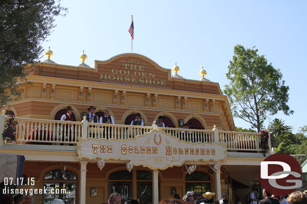 Wandered into Frontierland.  A band up on the balcony performing.  They were not listed anywhere so not sure if this was just for the 60th or if it is regular park entertainment.