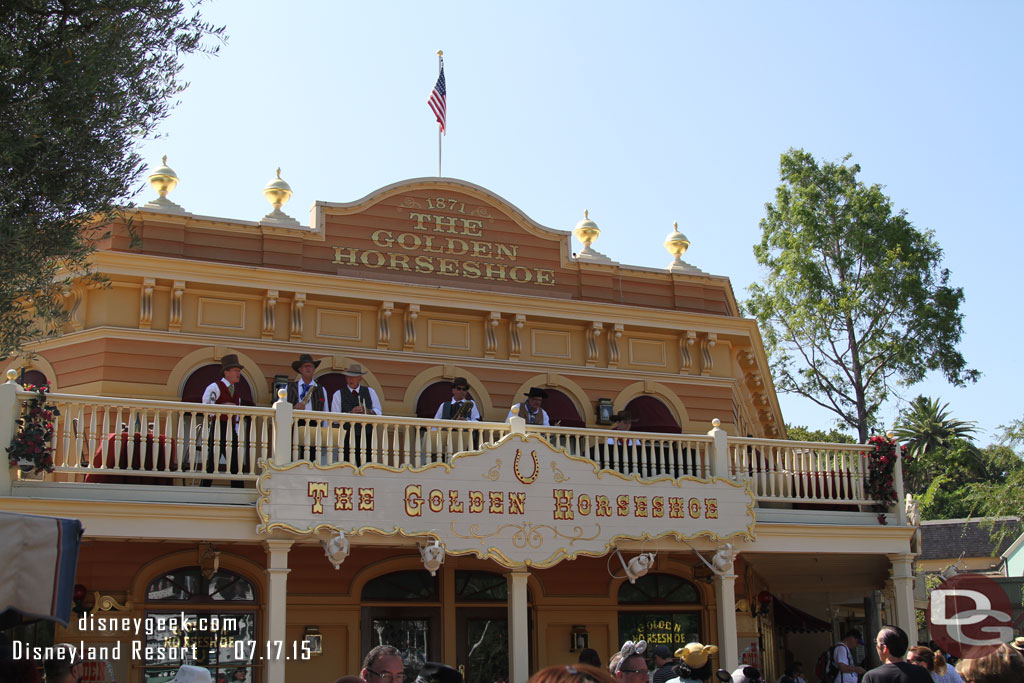 Wandered into Frontierland.  A band up on the balcony performing.  They were not listed anywhere so not sure if this was just for the 60th or if it is regular park entertainment.