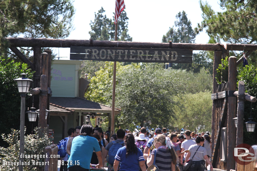 The Disneyland Band marching into Frontierland.  They skipped the Flag Pole stop because of the heat and played an abbreviated set.
