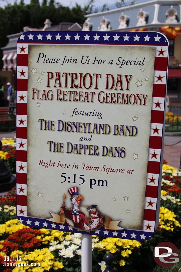Signage for the nightly Flag Retreat which will honor Patriot Day today.