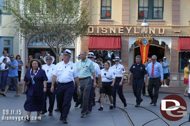 Disneyland security and first responder cast members were part of the procession for the flag retreat today to mark Patriot Day.